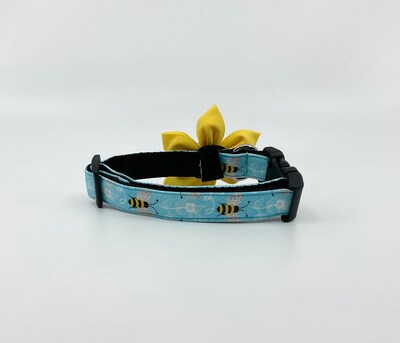 Dog Collar With Optional Flower Or Bow Tie Blue Sparkly Bees Adjustable Pet Collar Sizes XS, S, M, L, XL - image2